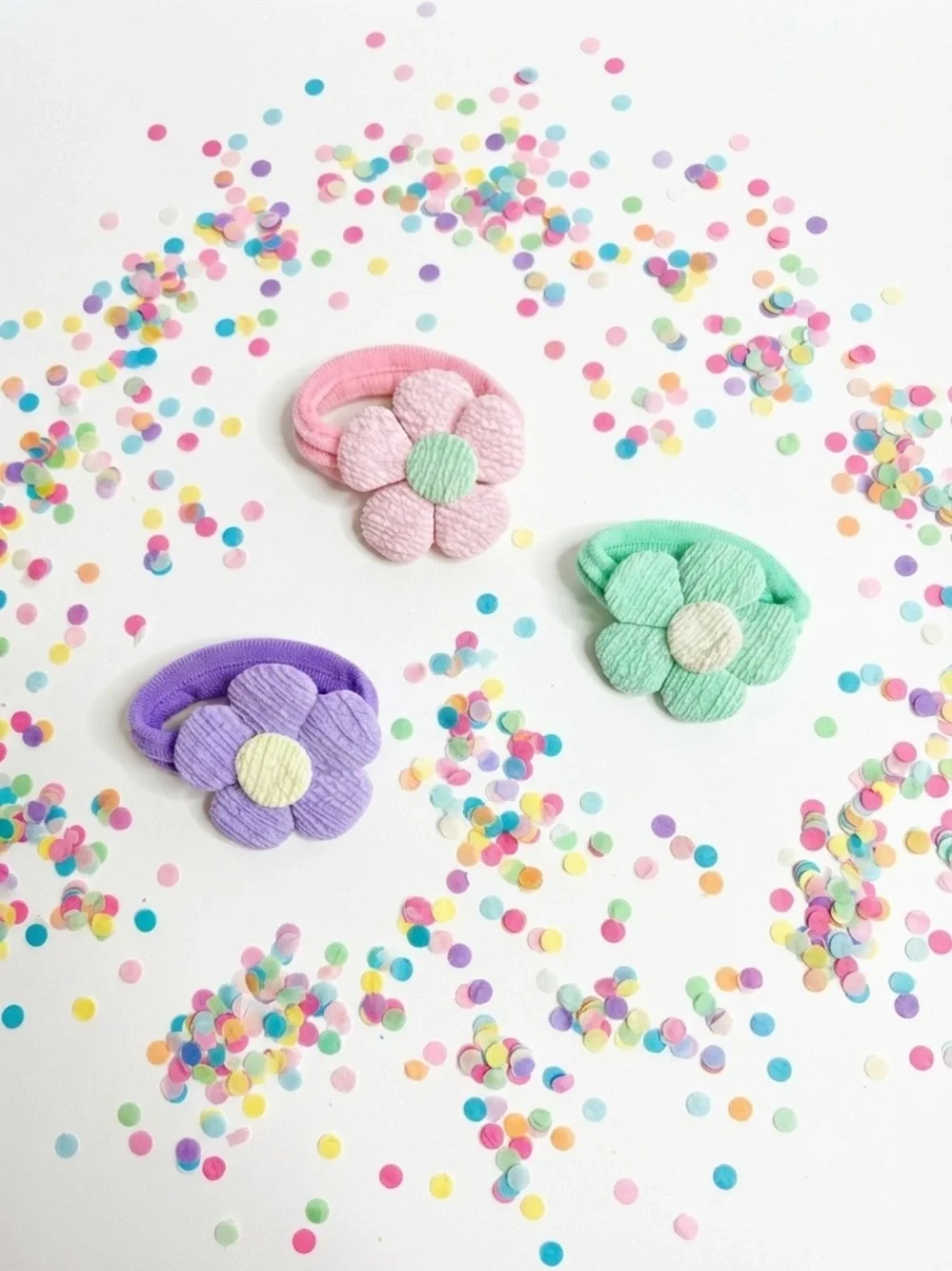 Set of 3 Handmade Fabric Flower Hair Ties, Pastel Textured Pony Holders